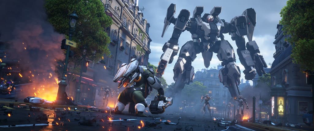 Winston stares down a large mech attacking Paris