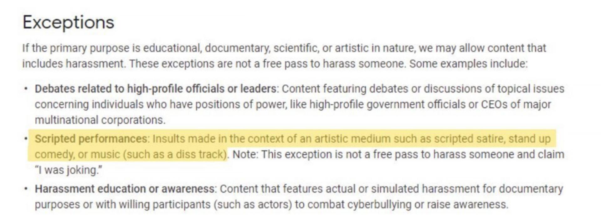 Screenshot of YouTube's policies which protect Diss Tracks.