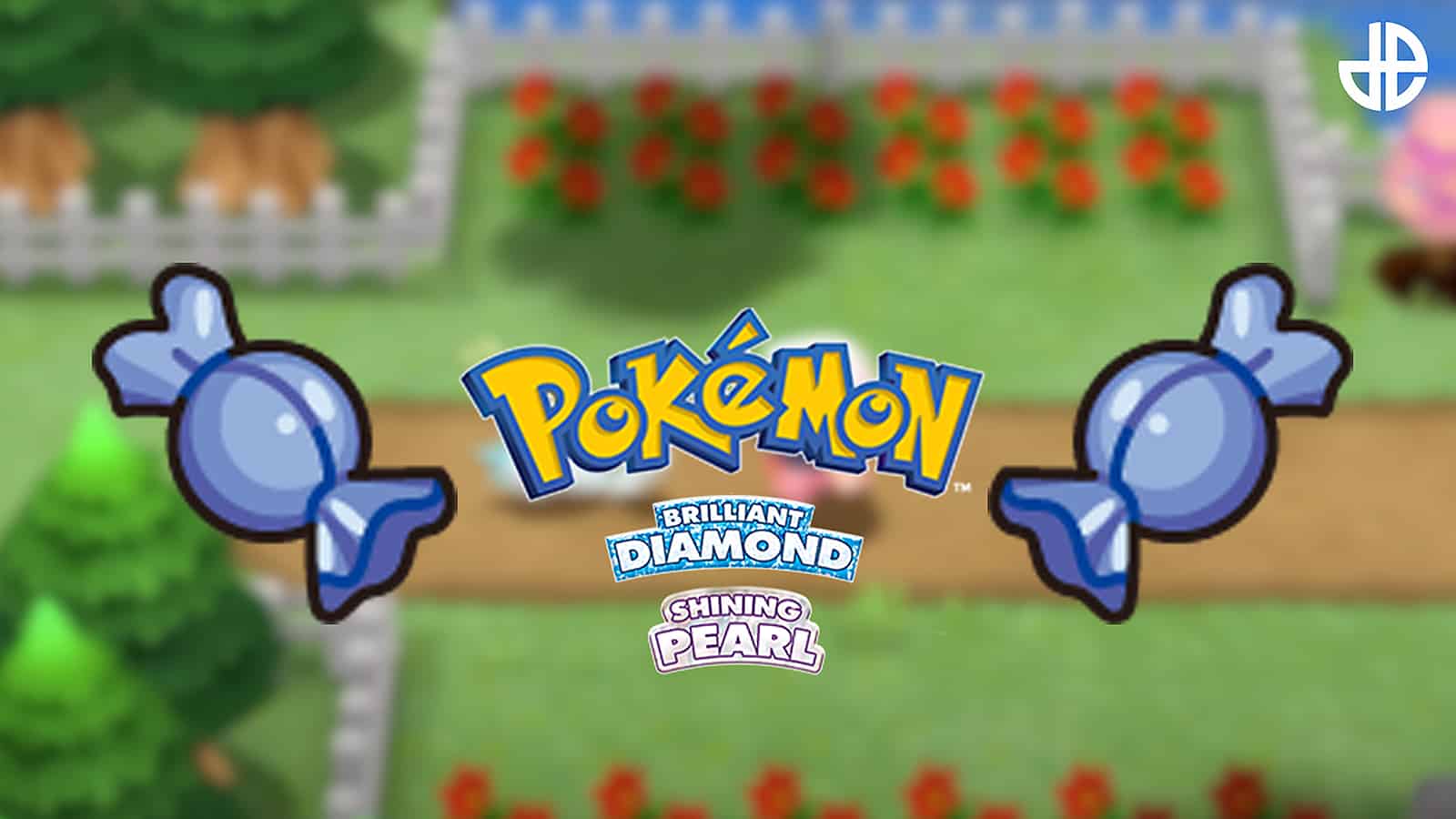 Pokemon Brilliant Diamong & Shining Pearl logos, with images of Rare Candy on a blurred background of gameplay