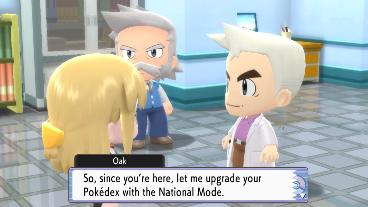 Pokemon BDSP Professor Oak cutscene where players get the National Dex.