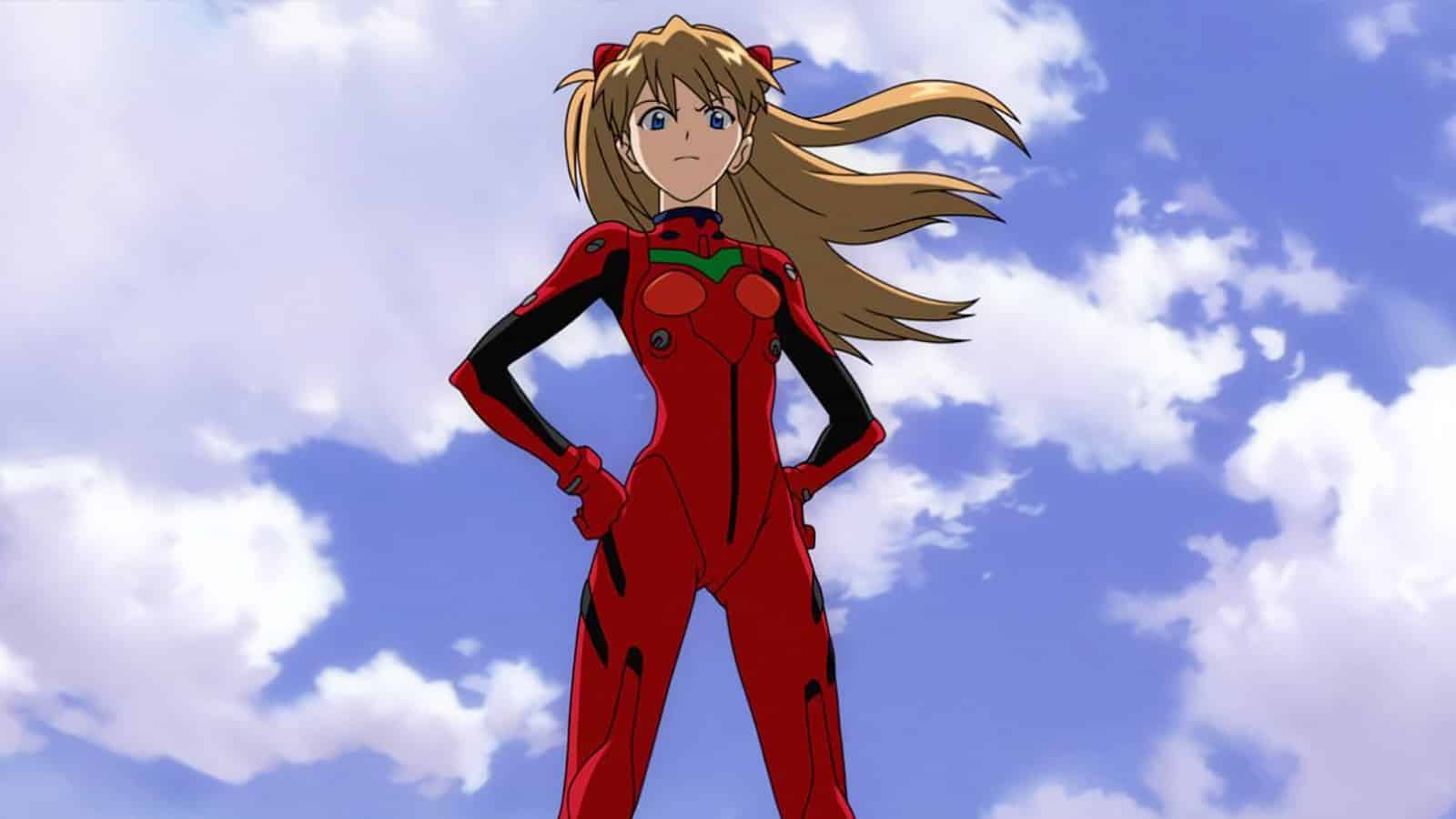 Screenshot of Asuka Langley standing on top of mech in Neon Genesis Evangelion anime.