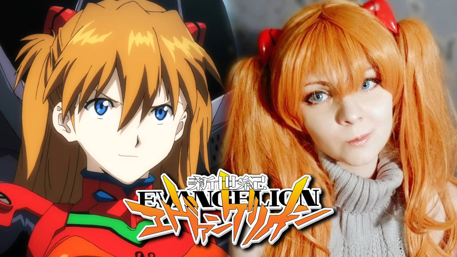 Screenshot of Asuka Langley from Evangelion anime next to cosplayer.