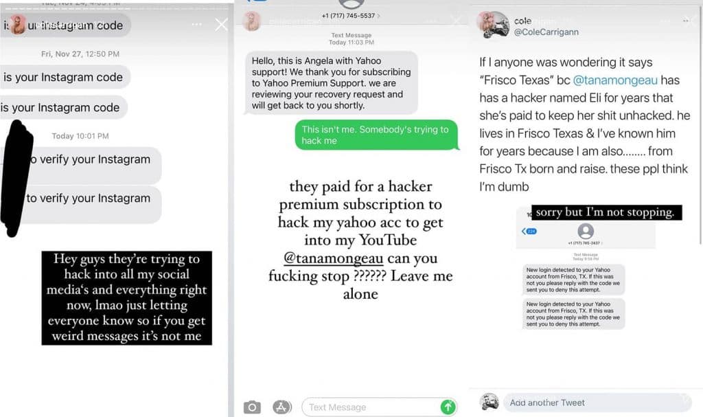 Cole Carrigan accuses Tana Mongeau of hacking his social media