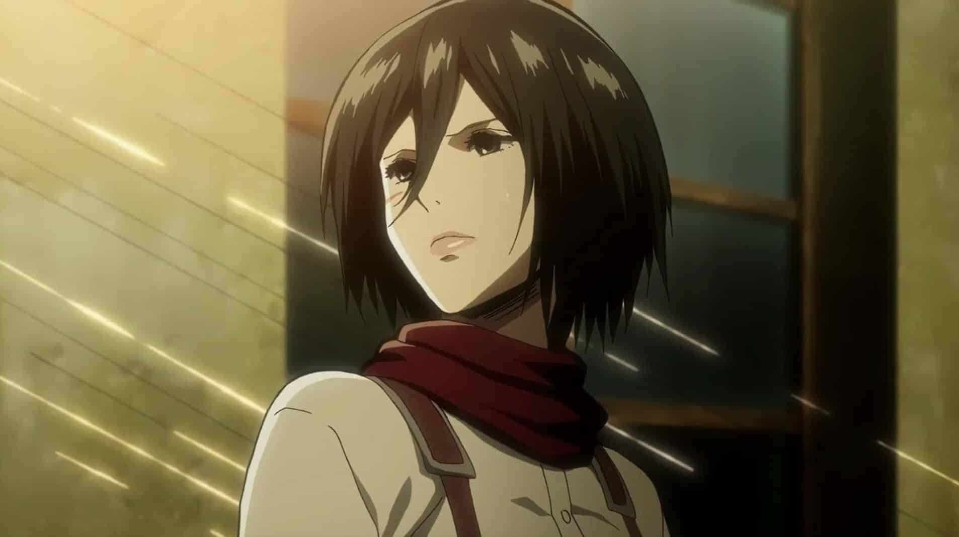 Screenshot of Mikasa Ackerman in Attack on Titan anime season 1.