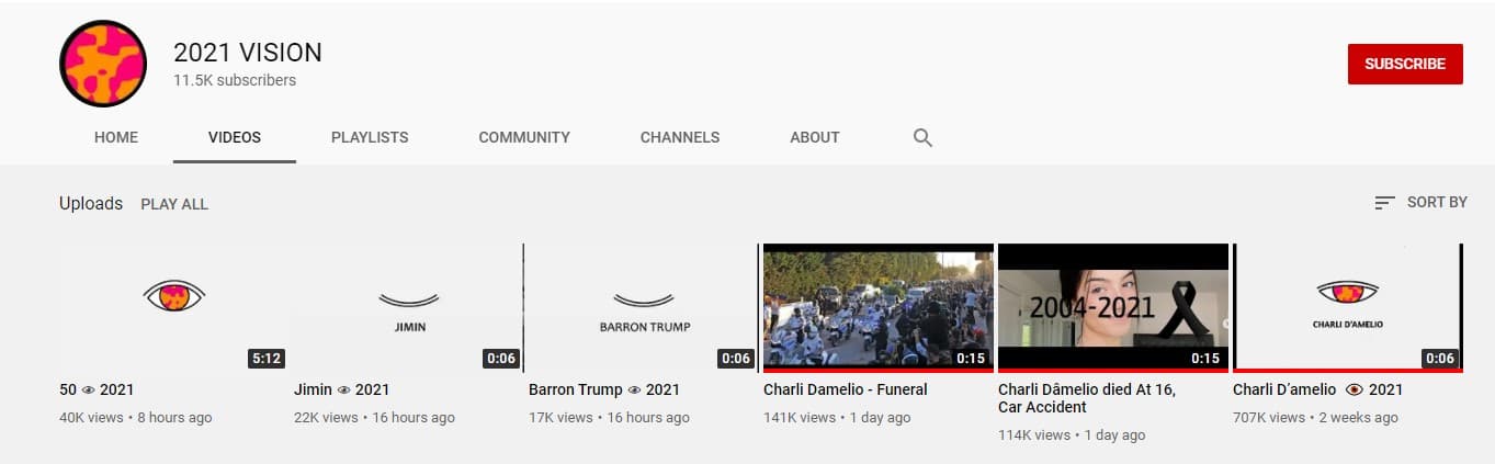 Screenshot of YouTube channel 2021 Vision