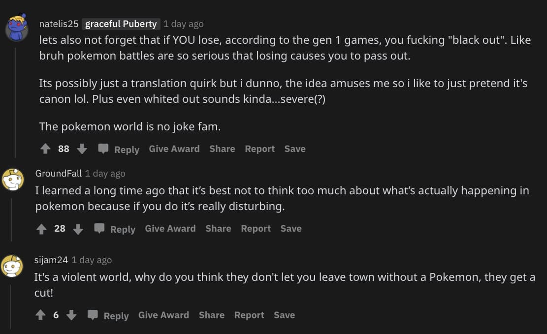 Screenshot of Pokemon fans reacting to dark trainer battle theory.