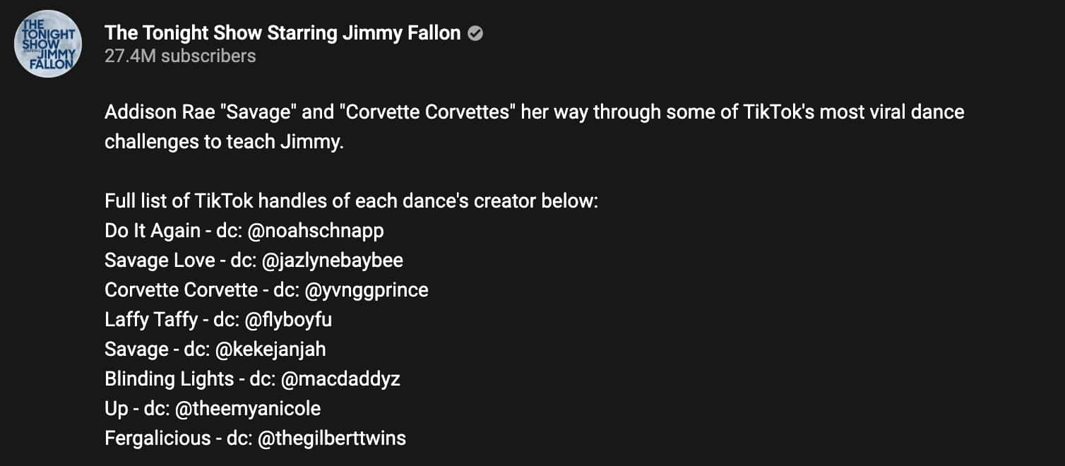 Updated YT description for Addison Rae and Jimmy Fallon