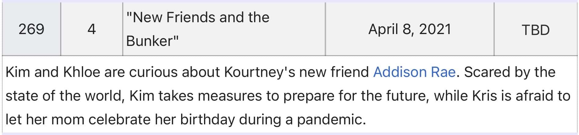 Description for an episode of Keeping Up With The Kardashians featuring Addison Rae