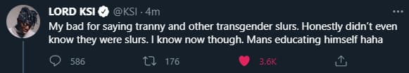 KSI transphobic tweet