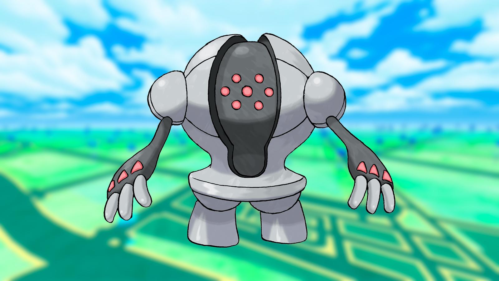 An image of Registeel on a Pokemon Go background