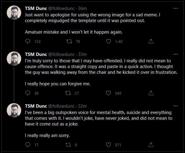 TSM suicide tweet apology