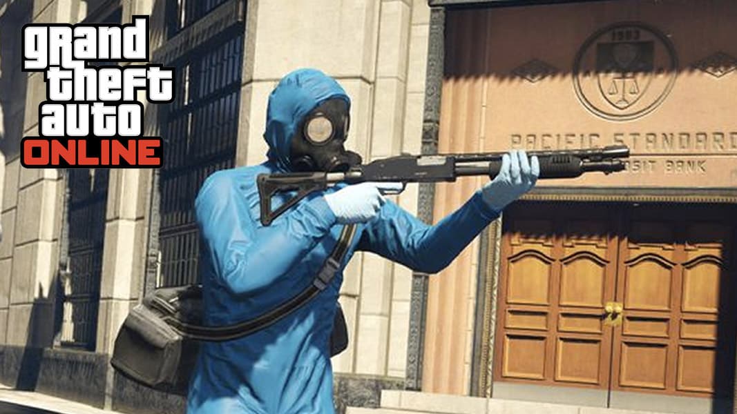 GTA Online character with a shotgun outside a bank