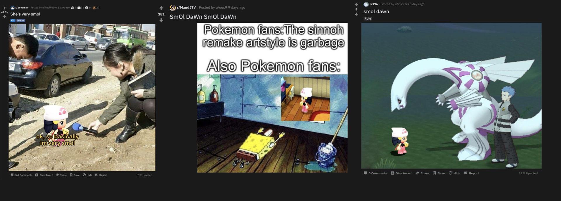 Screenshot of Pokemon Brilliant Diamond & Shining Pearl Smol Dawn memes.