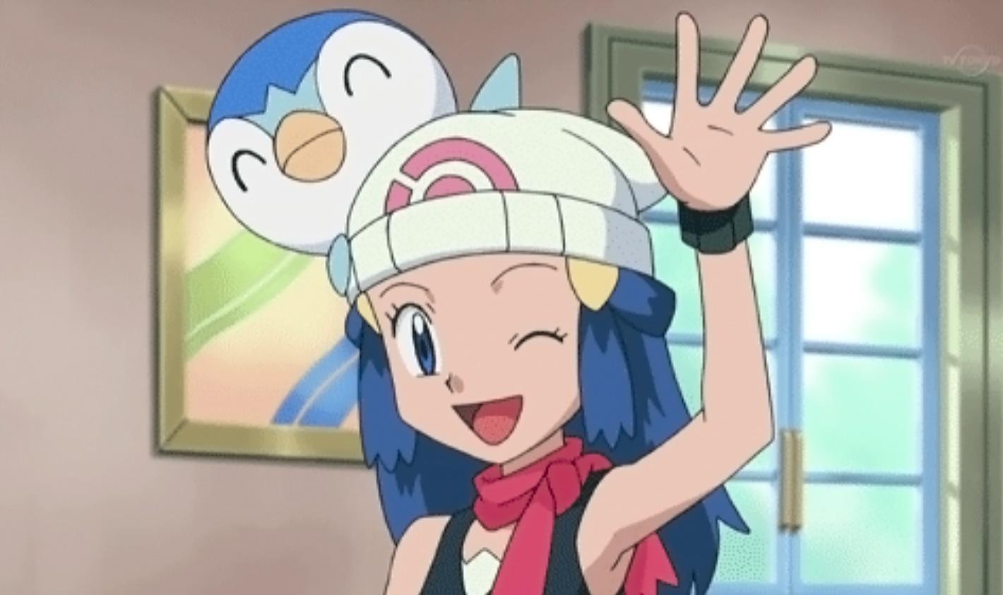 Screenshot of Pokemon Diamond & Pearl trainer Dawn waving to Ash Ketchum in anime.