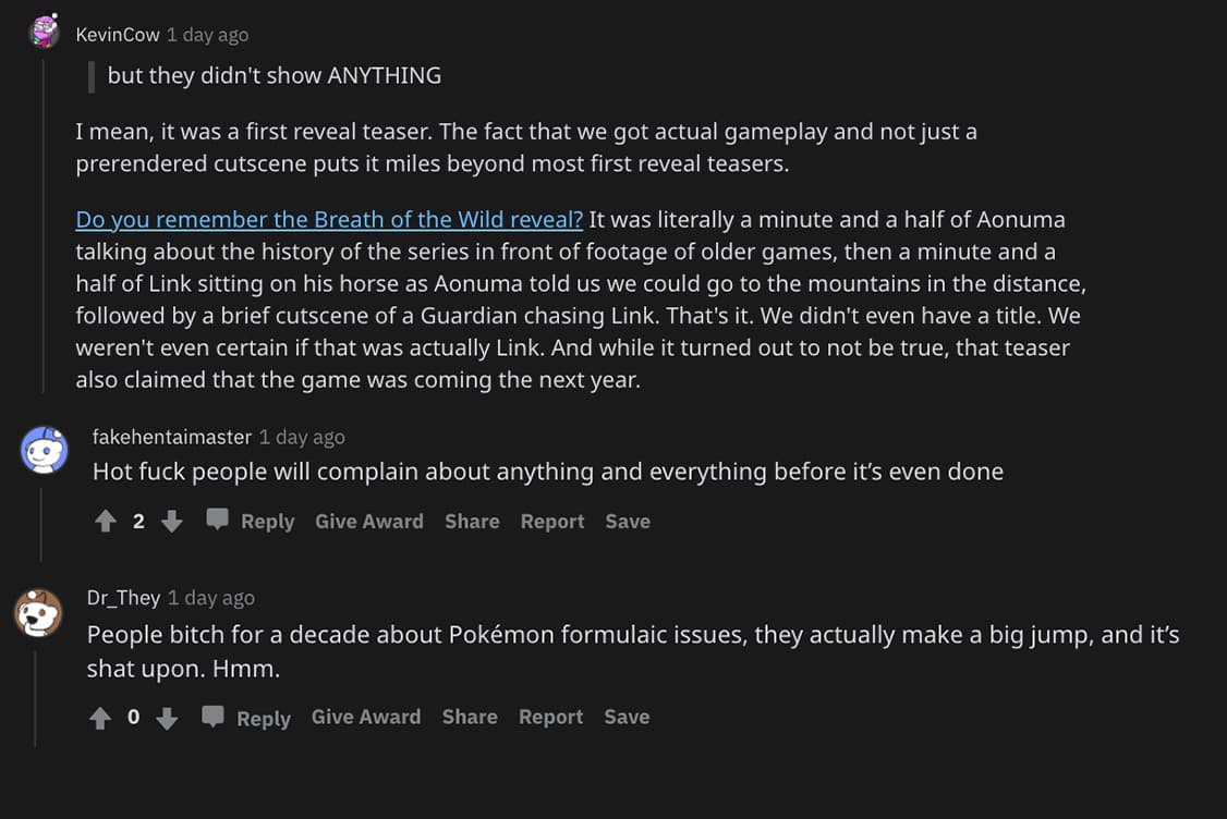 Screenshot of Pokemon fans defending the Pokemon Legends: Arceus debut trailer.