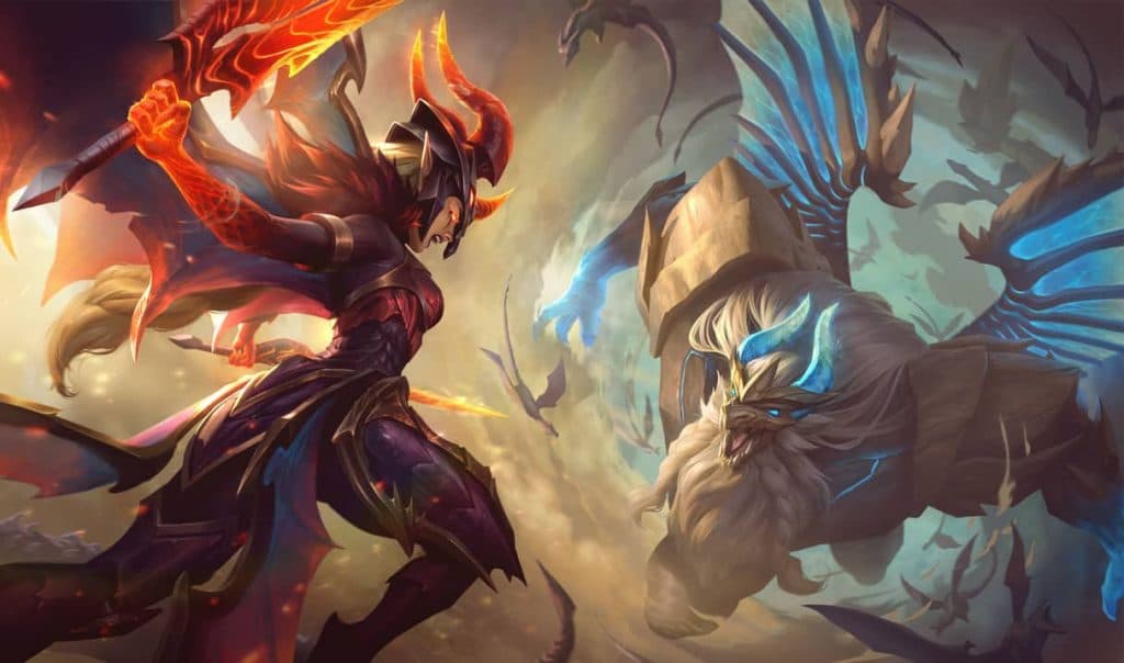 Kayle and Galio lock horns in their new "Dragonslayer" skins.