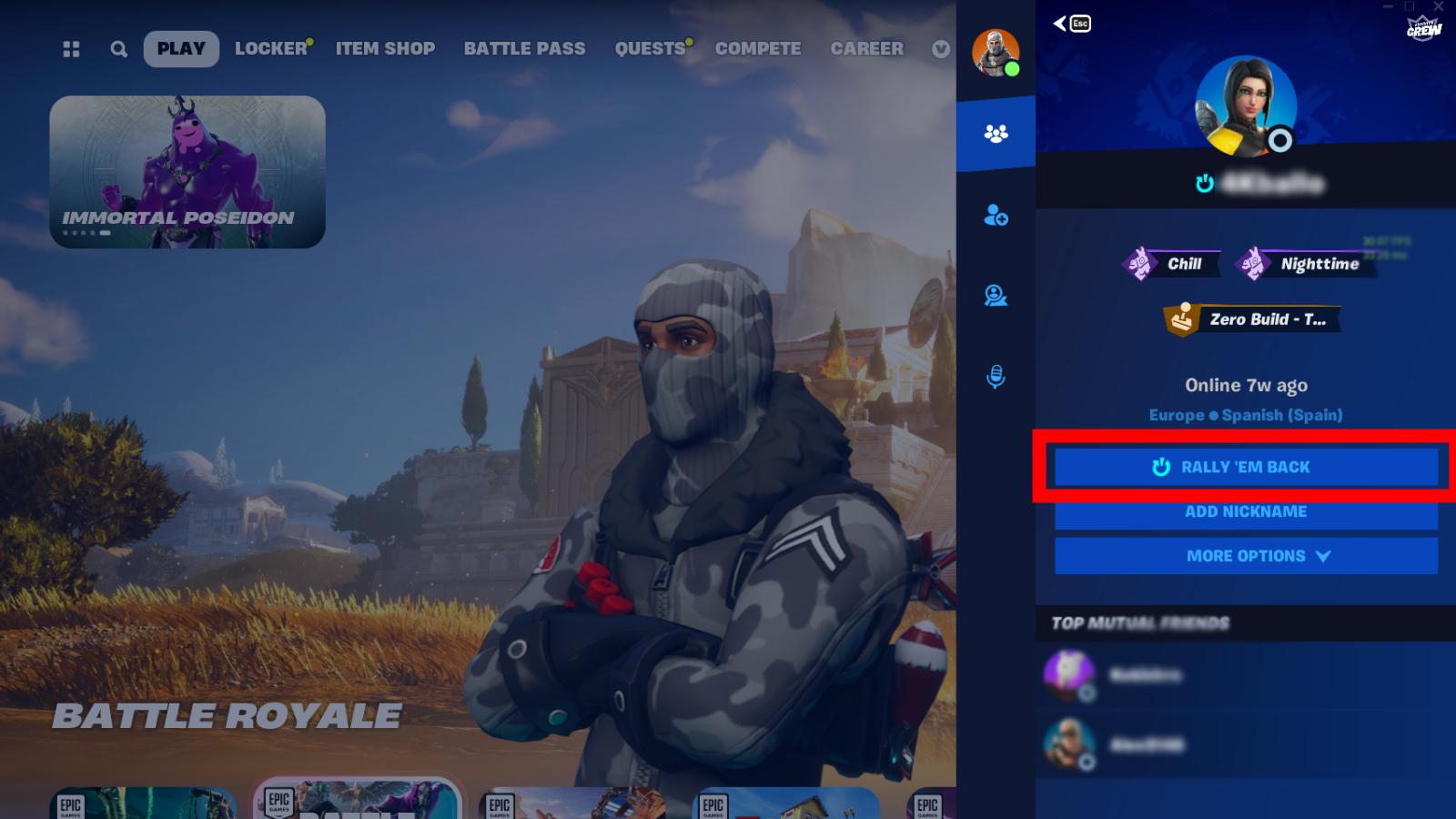 Fortnite Rally Em Back button on Friends tab for Fortnite for Reboot Rally event.