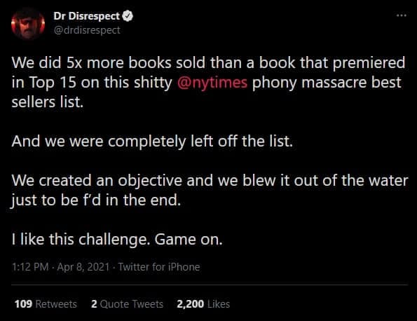 Dr Disrespect tweet on NY Times Best Seller list