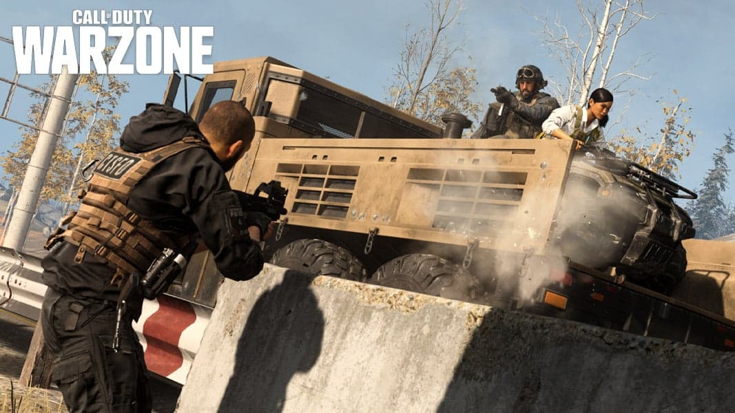 Warzone characters shooting off the side of a truck