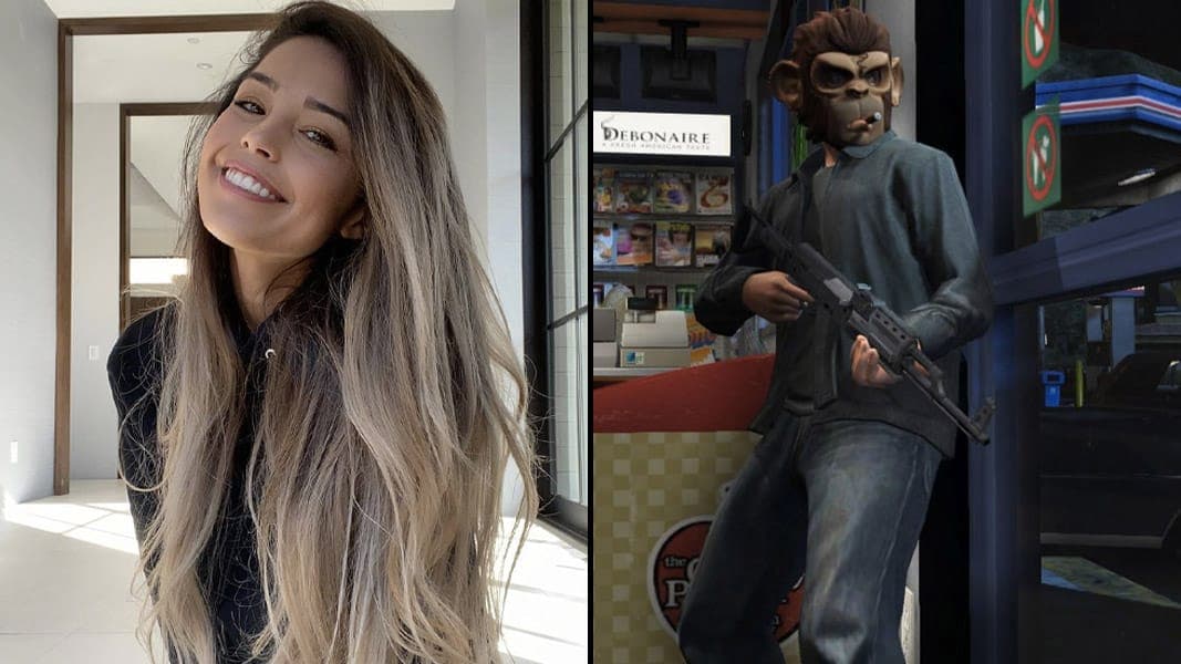 Valkyrae posing for a photo and a GTA v character robbing a store