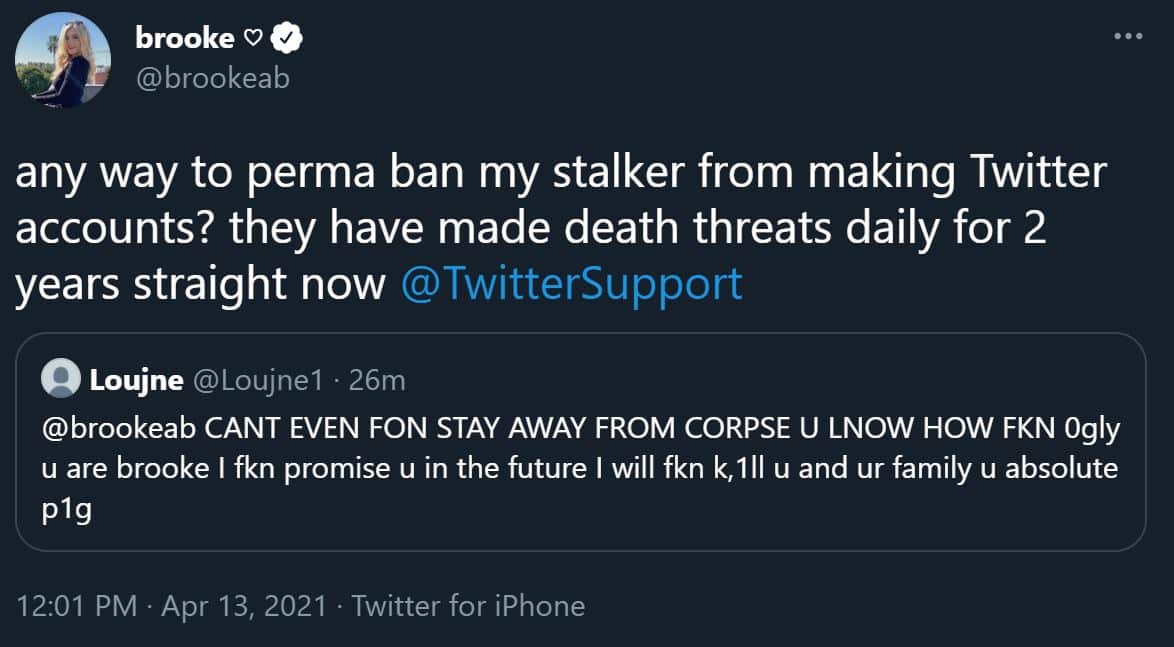 BrookeAB pleads with Twitter to ban stalker