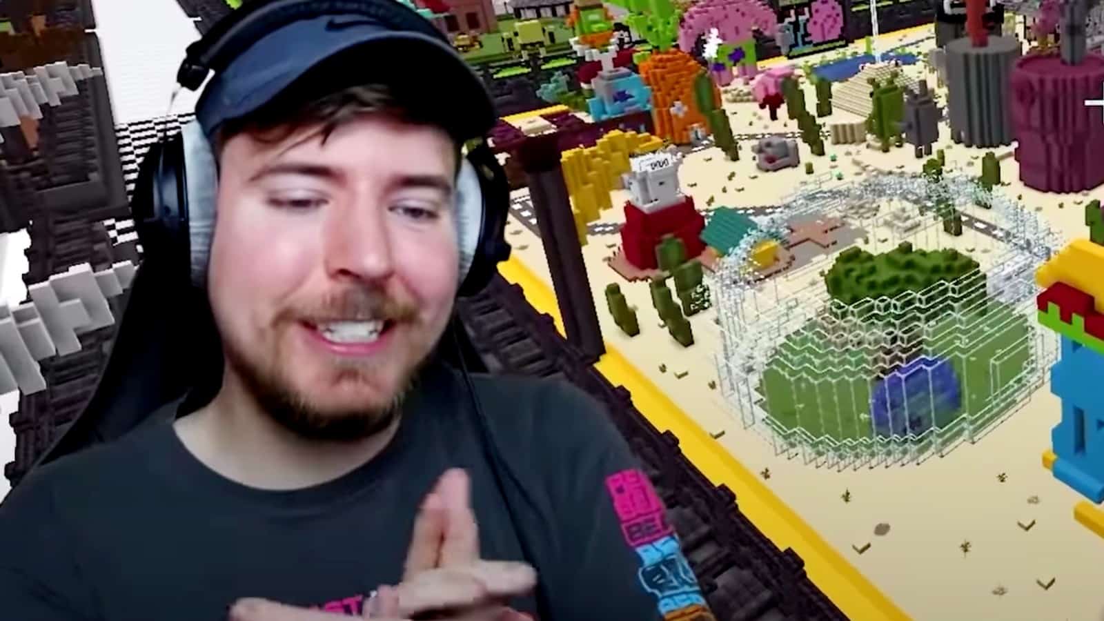 MrBeast in front of a cartoon themed Minecraft world