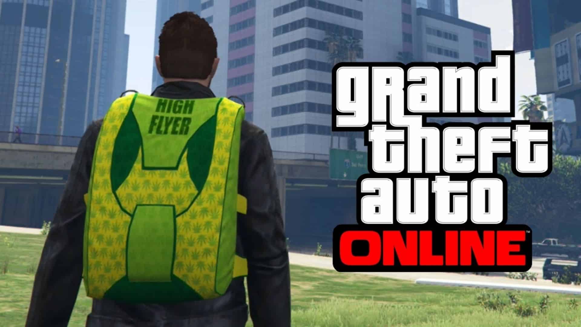 GTA online character with high flyer parachute bag