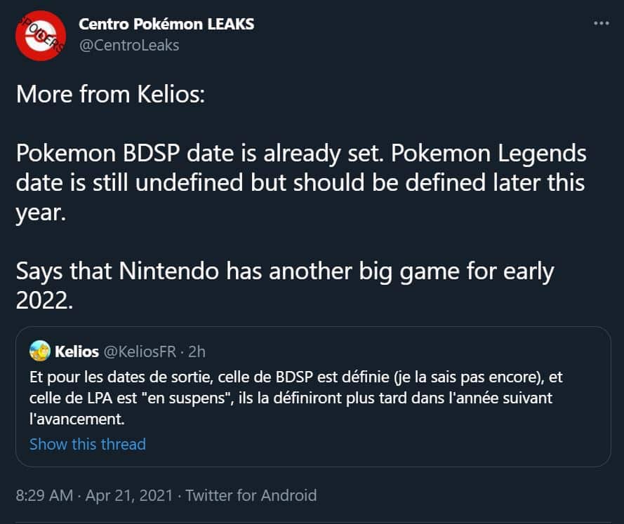 CentroLeaks Pokemon Legends: Arceus tweet