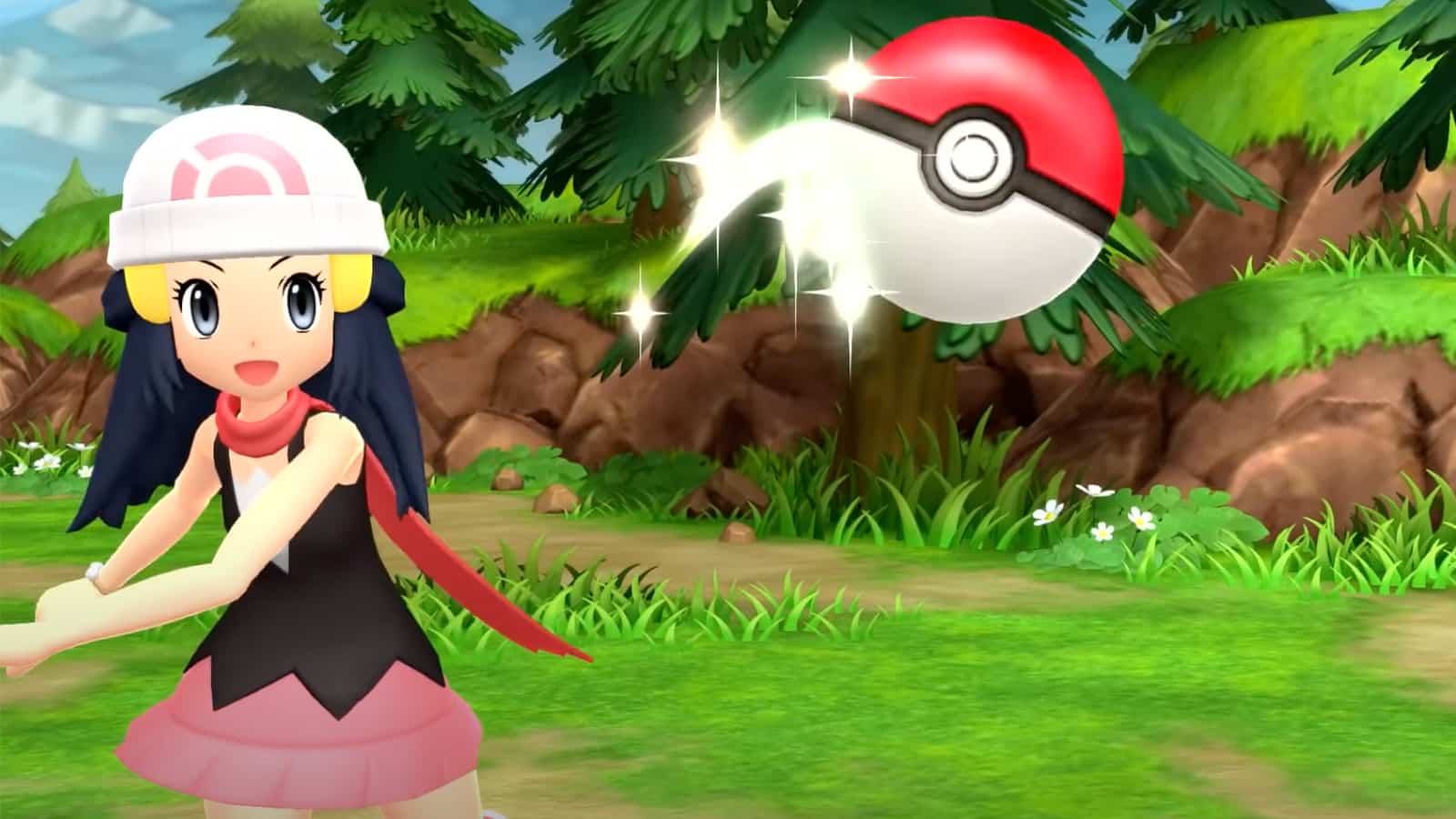 Pokemon trainer Dawn throwing Pokeball in Brilliant Diamond & Shining Pearl trailer