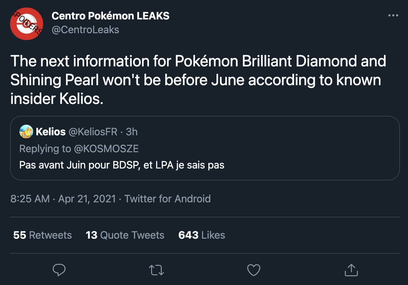 CentroLeaks KeliosFR tweet about Brilliant Diamond & Shining Pearl updates