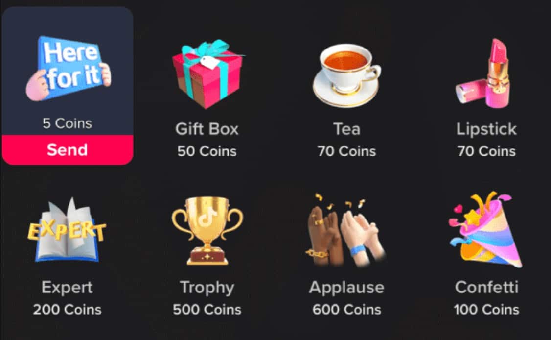 A selection of gifts available on TikTok