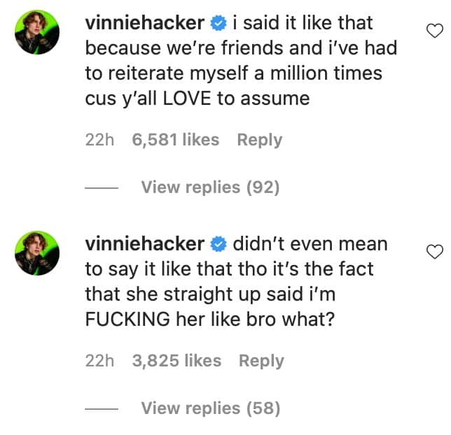 Vinnie Hacker responds to rumors in an Instagram comment