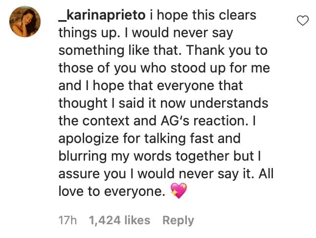 Karina Prieto responds on Instagram