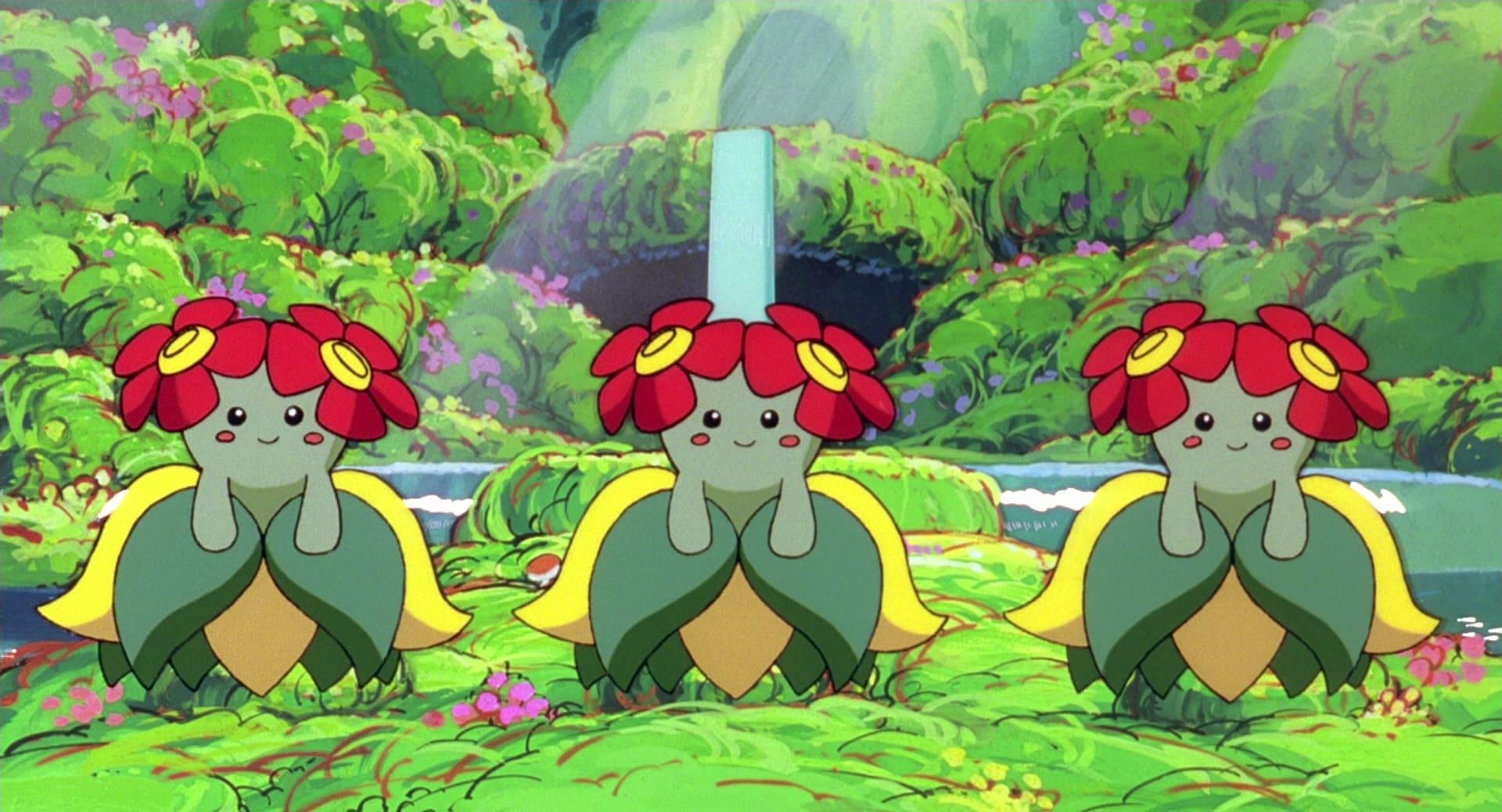 Aartwork from the anime series showing Bellossom in Pokemon, one of the 'mon you need to use a Sun Stone on to evolve.