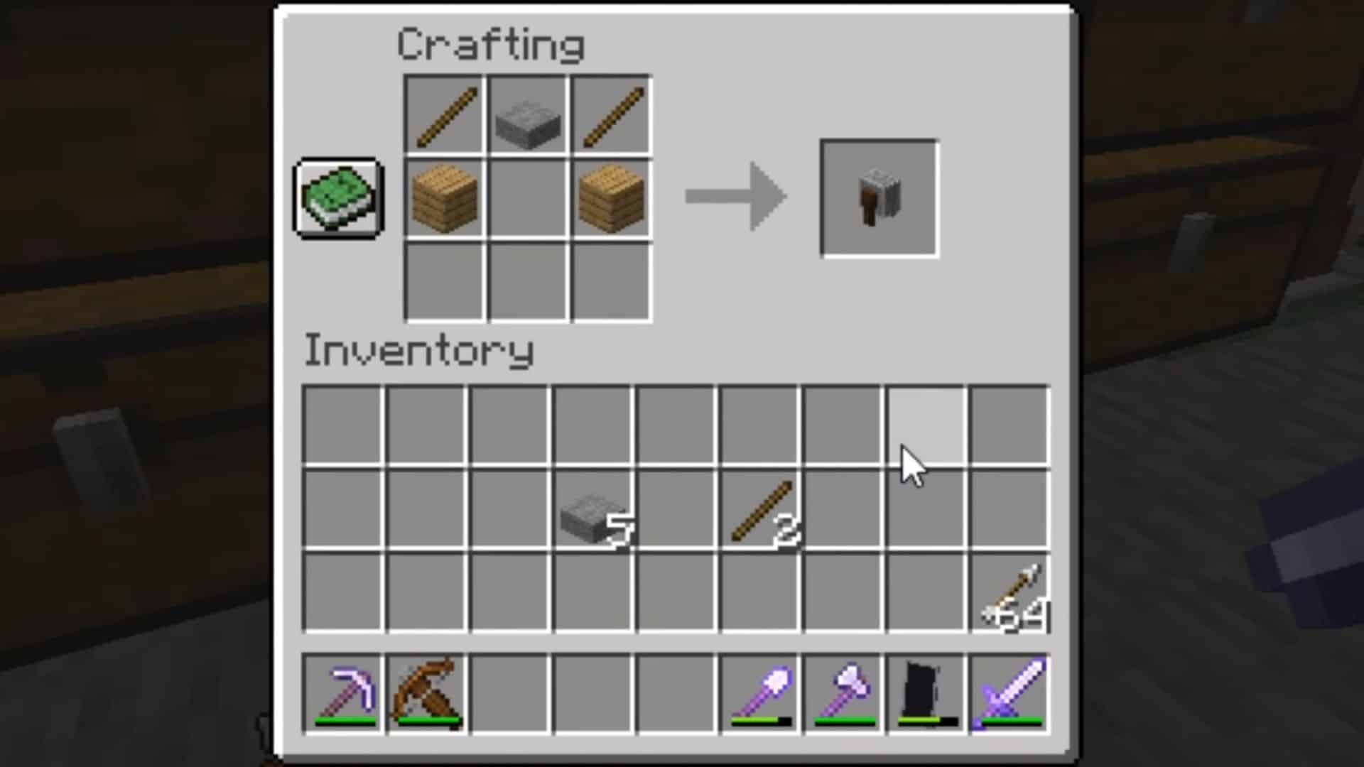 An image showing the grindstone after it has been made with a recipe and the crafting table in Minecraft