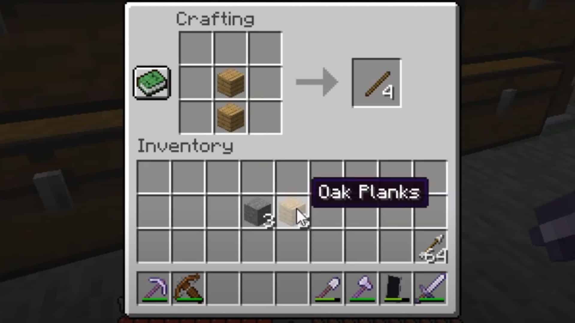 An image showing the recipe to make sticks for a grindstone in Minecraft