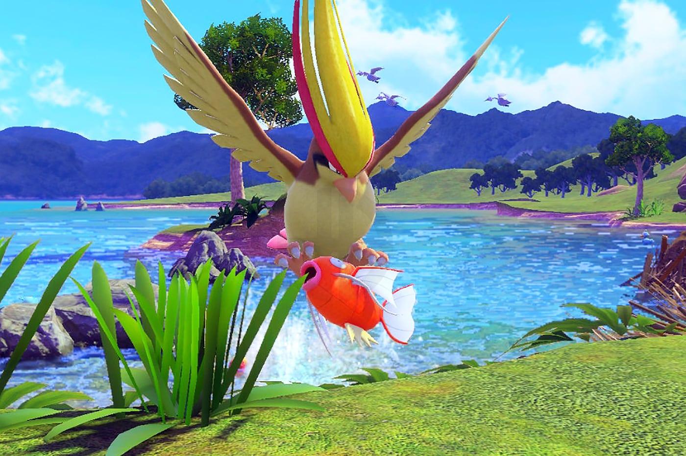 Pidgeto snatching Magikarp in New Pokemon Snap