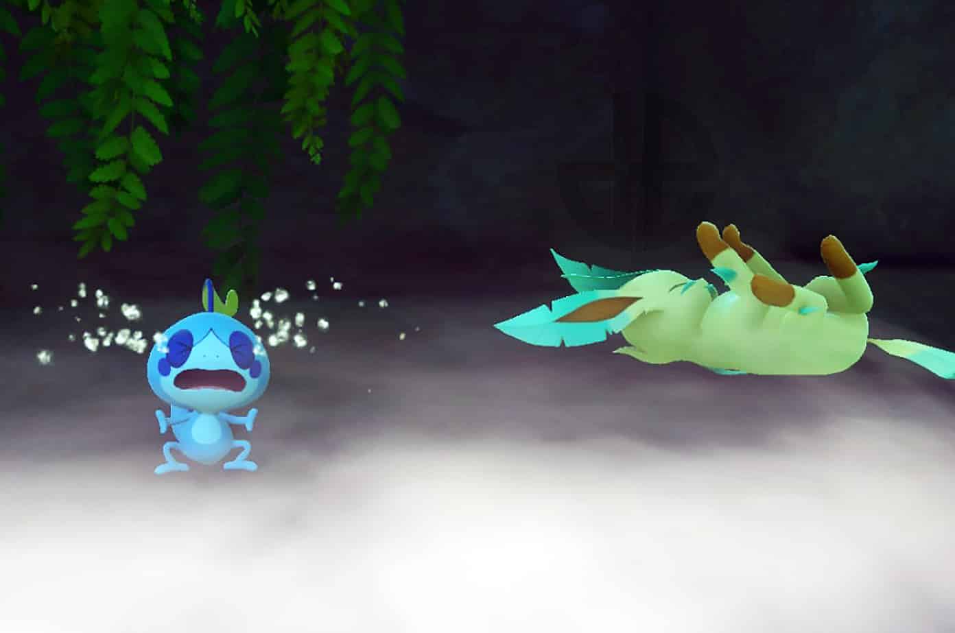Sobble crying next to Leafeon in New Pokemon Snap