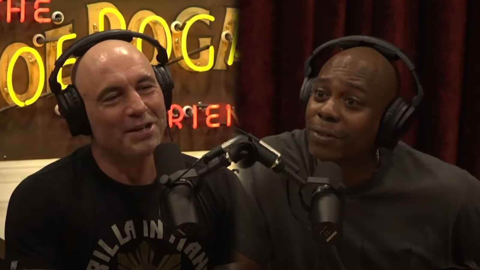 Joe Rogan next to Dave Chapelle during the JRE podcast
