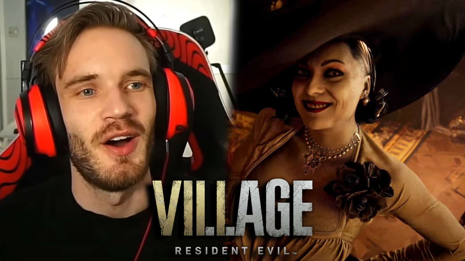 YouTuber PewDiePie next to Resident Evil Village Lady Dimitrescu