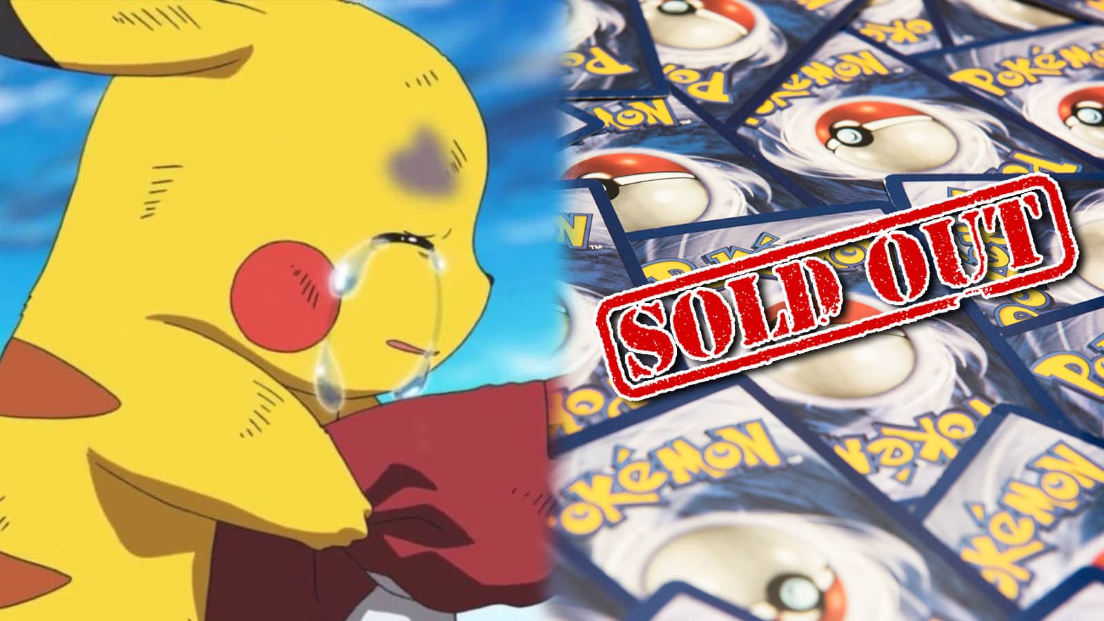 Crying Pikachu next to Pokemon Cards