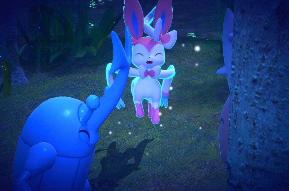 Sylveon jumping in front of Heracross in New Pokemon Snap