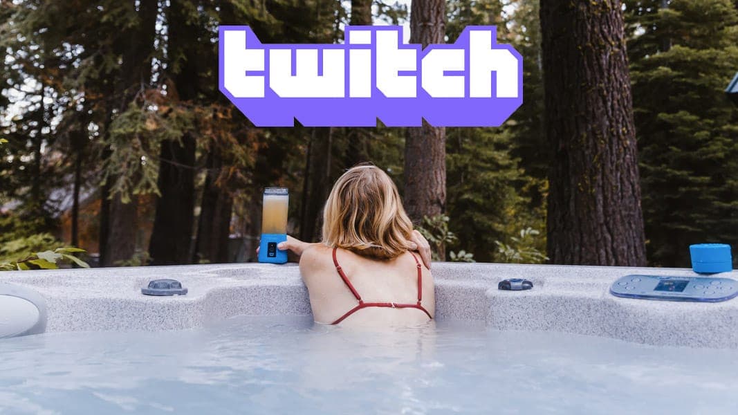 Woman in hot tub with twitch logo