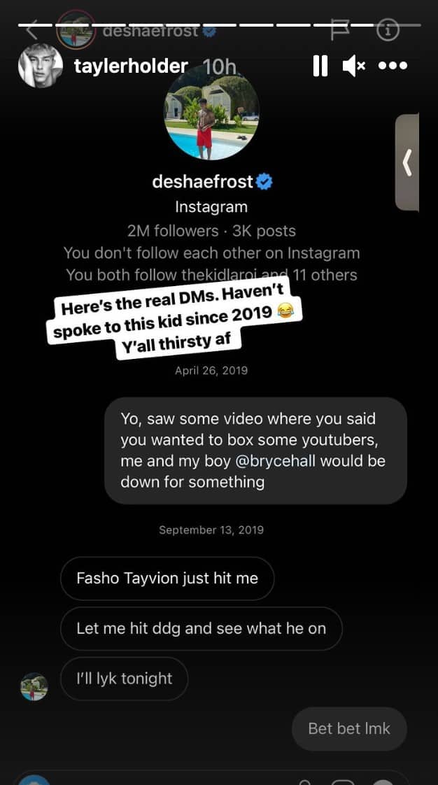 Tayler Holder posts DMs to his Insta story