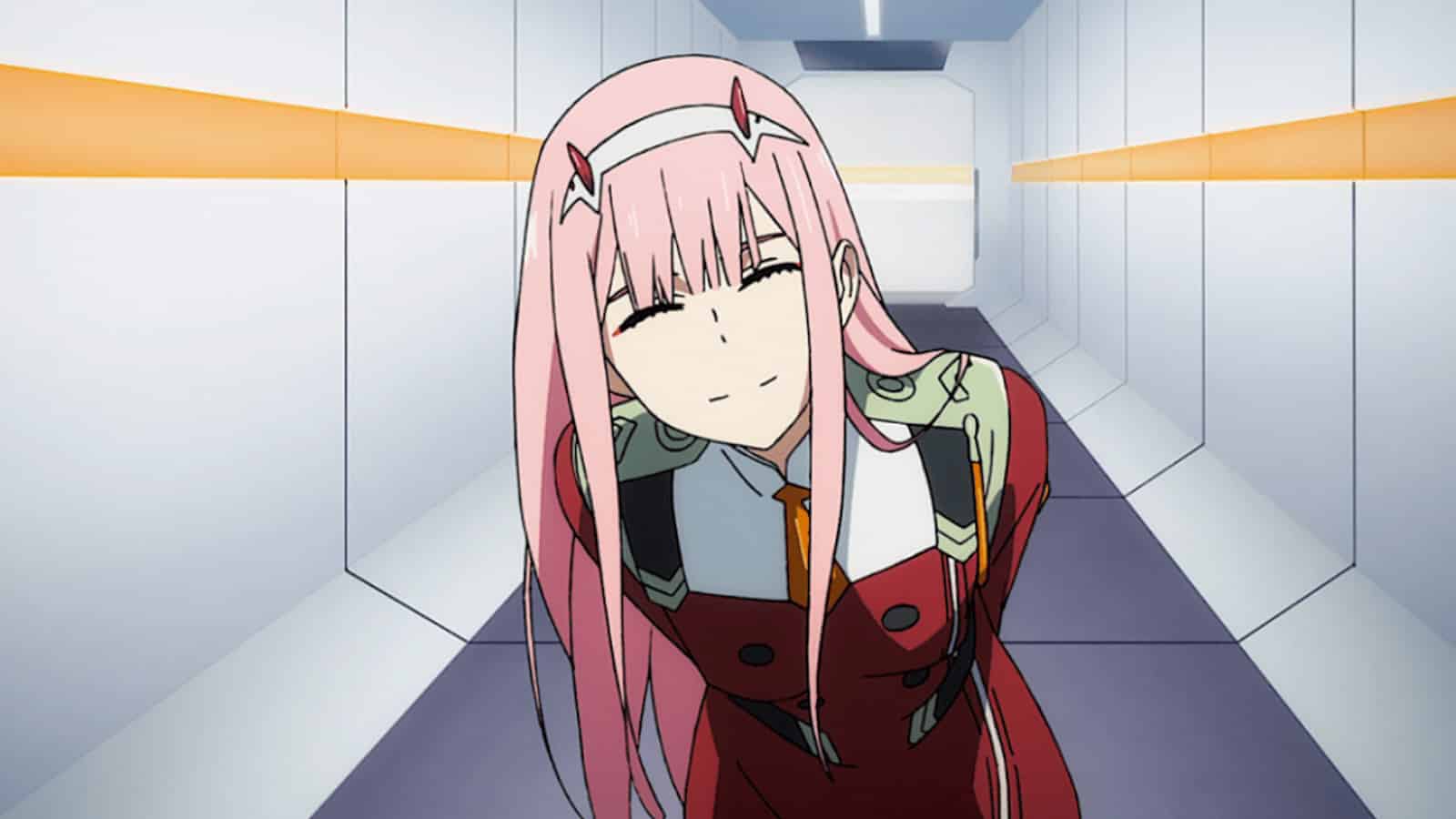 Zero Two smiling in Darling in the Franxx anime