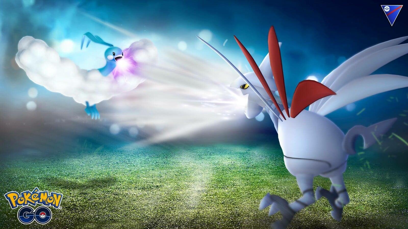 Altaria fighting Skarmory in the Flying Cup in the Pokemon Go Battle League