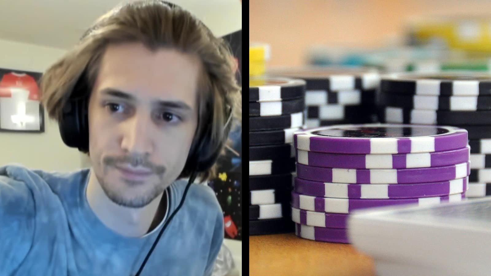 xQc streaming on the left, with a separate image of poker chips on the right.