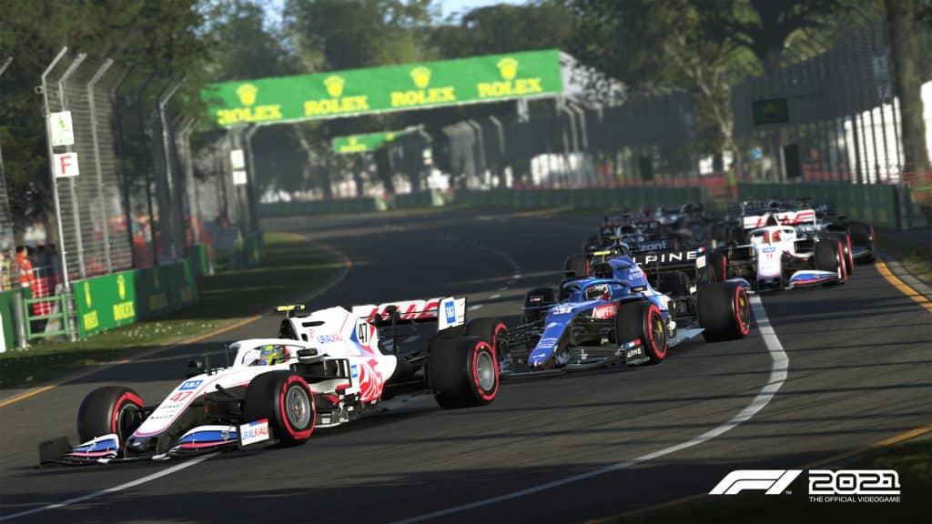 Haas and Alpine cars racing around Melbourne in F1 2021