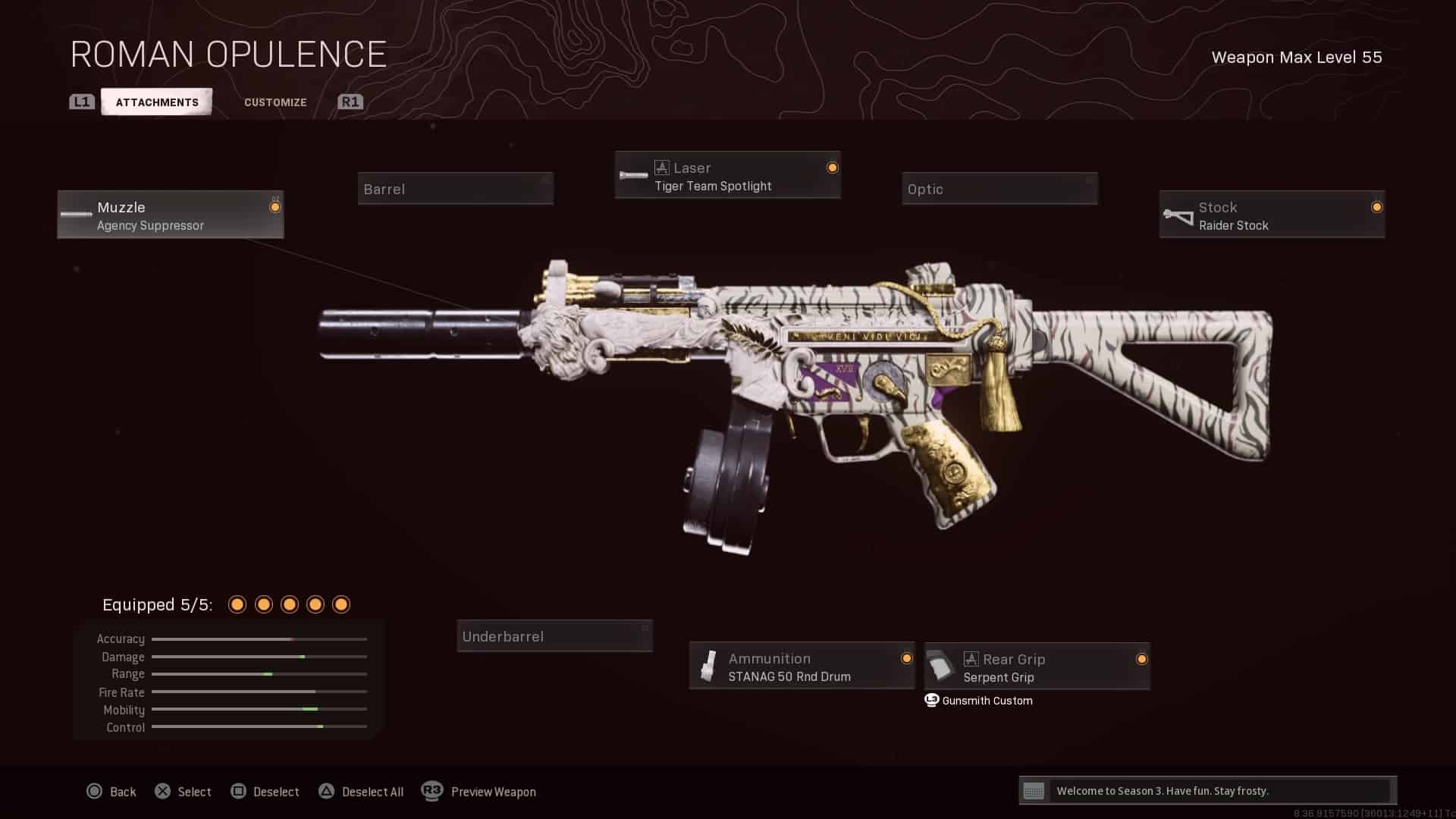An image of the Roman Opulence blueprint in Black Ops Cold War on the MP5 Warzone loadout