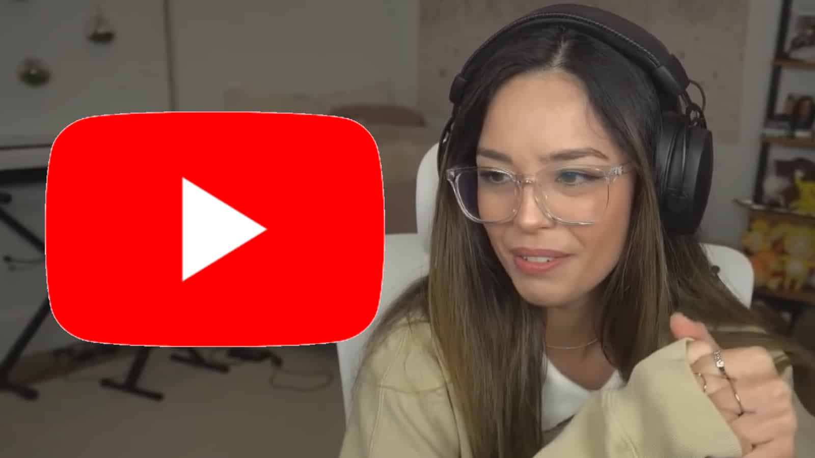 Valkyrae streaming, with the YouTube logo imposed on the left.